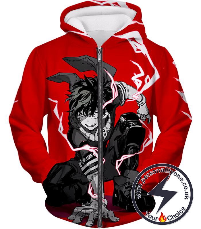 My Hero Academia Strong Hero Deku Izuki Midoriya Awesome Anime Red Zip Up Hoodie